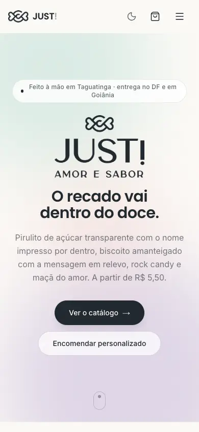 Site JUST! Amor e Sabor no celular